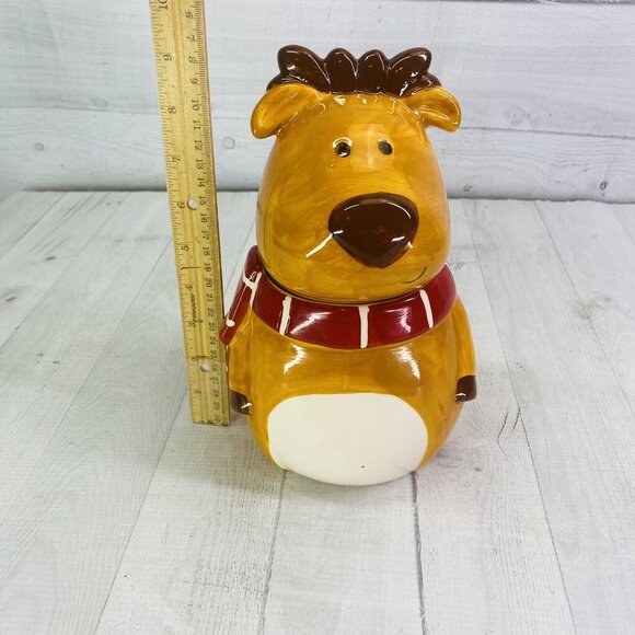 David's Cookies Christmas Reindeer Red Scarf Hand Painted 9.5" Cookie Jar Rare - Picture 6 of 12